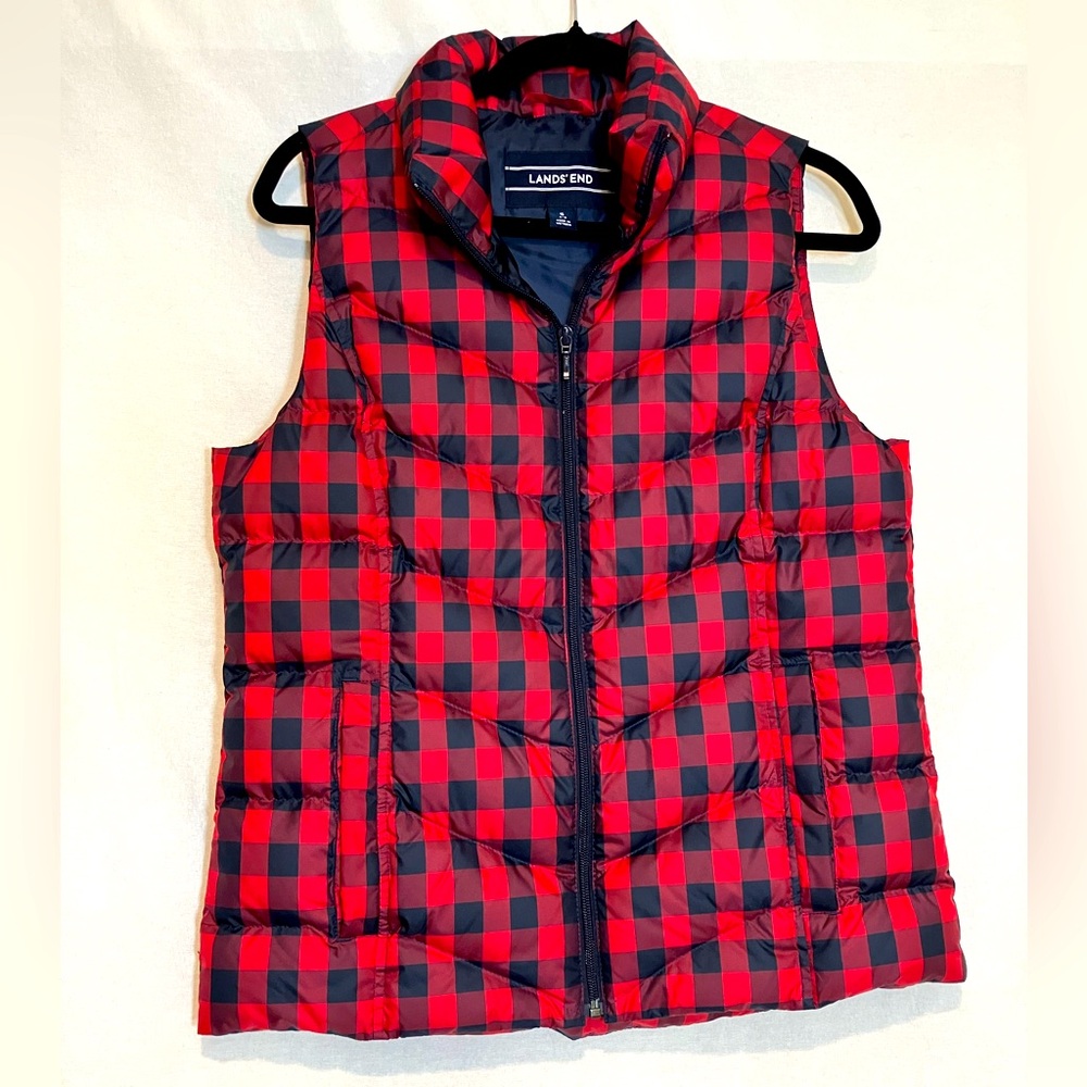 Lands’ End Goose Down Puffer Vest Womens Buffalo Plaid Size S Outdoor